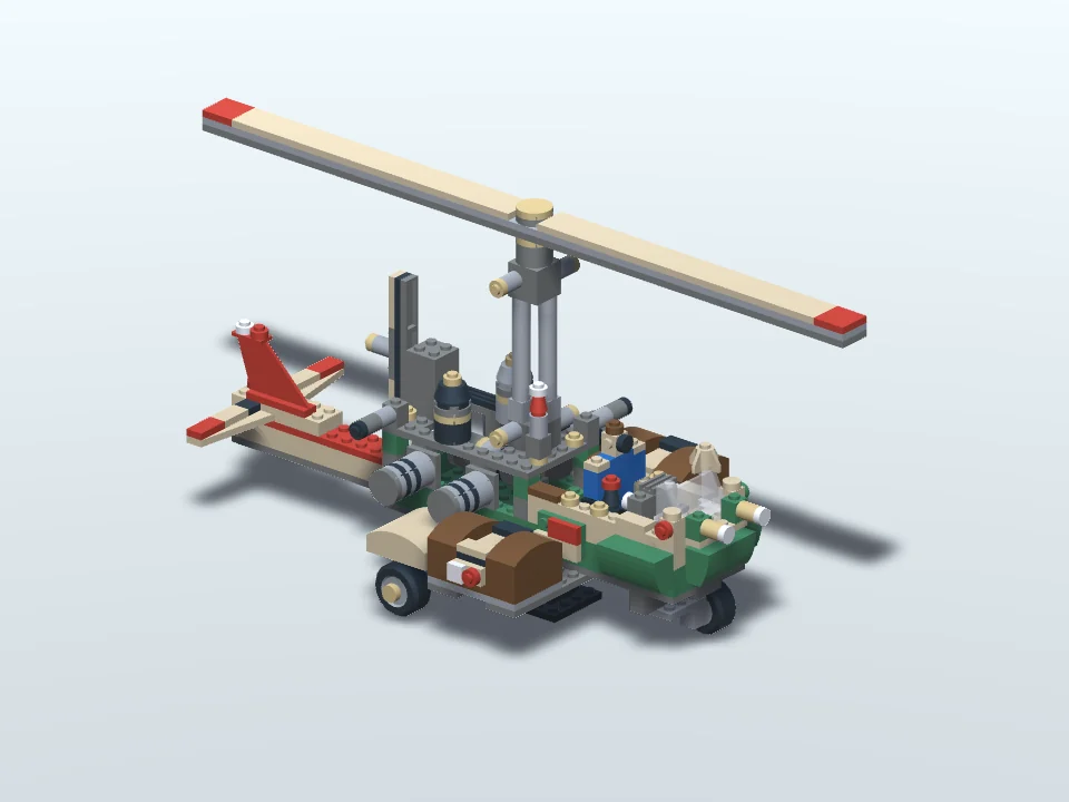 L’autogiro del postino che si costruisce da un punto di vista fisso, con ogni sottoassieme costruito passo dopo passo in un grande riquadro prima di unirsi al modello principale.