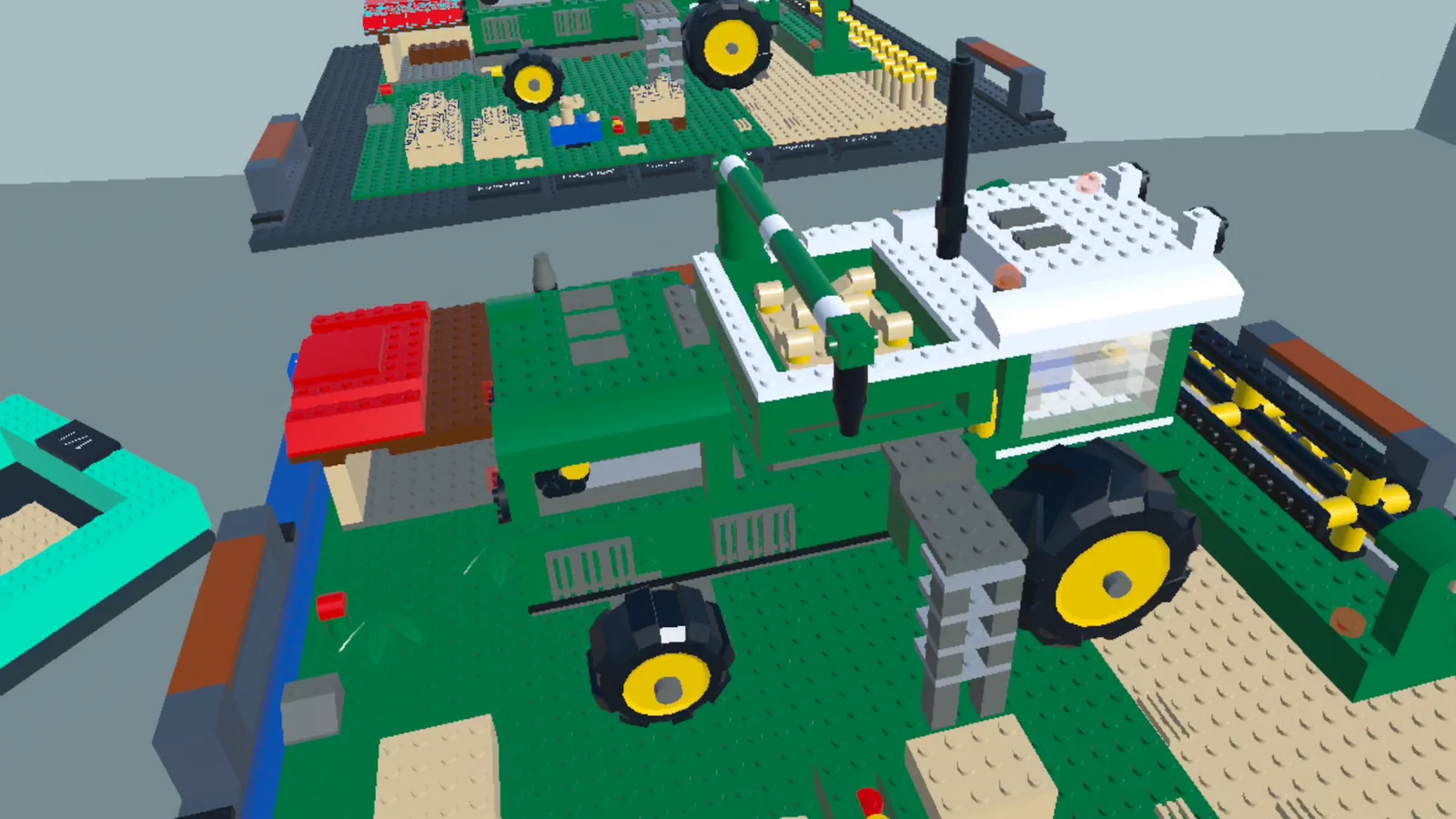 A detailed green and white brick-built harvester on its display base in the virtual workshop.