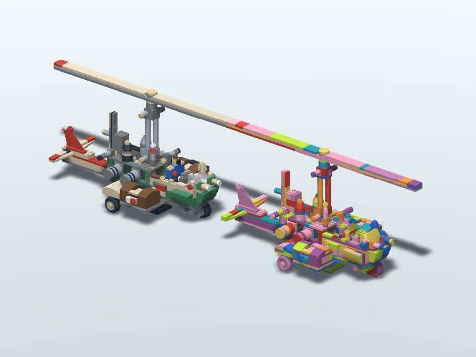 Lo stesso girocopter nei suoi colori originali verde e crema e una versione giocosa rosa e multicolore, con mattoncini individuali ricolorati usando lo strumento di pittura del gioco.